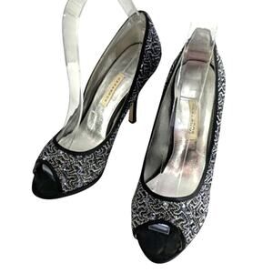 CAPARROS! BLACK, SILVER TAPESTRY FABRIC + BLACK SATIN OVER LEATHER HEELS! SZ 7B